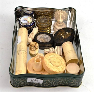 Lot 245 - An enamel patch box, snuff boxes, seven small ivory items and a bone brush