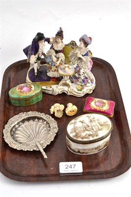 Lot 247 - Three ceramic boxes, a Continental group, two netsukes and a silver sifter