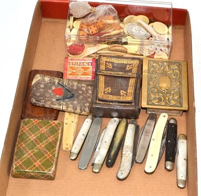 Lot 248 - Mixed collectables including pocket knives, mother of pearl and bone counters, snuff box, match...