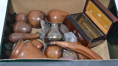 Lot 255 - A box of treen items, small musical box, bronzed plaque etc