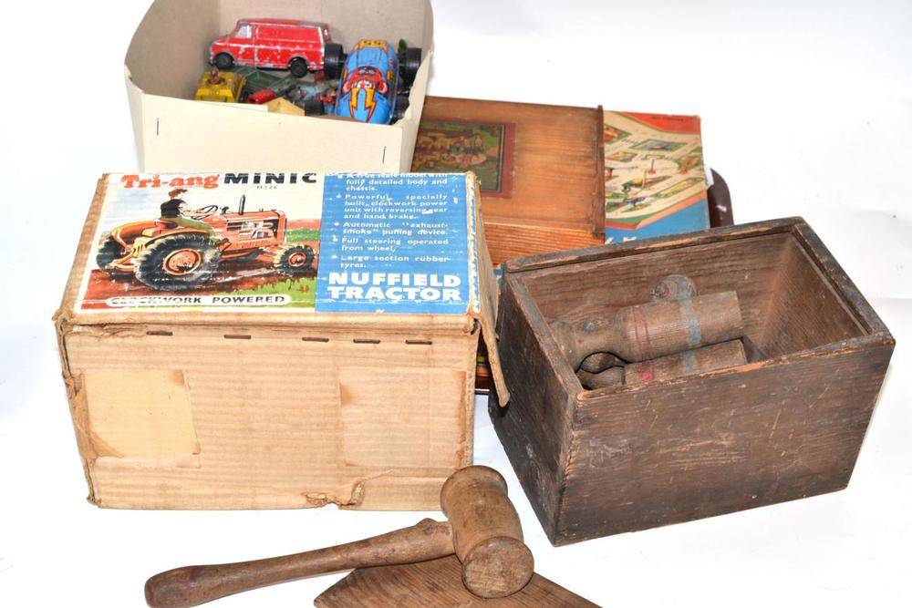 Lot 260 - Mixed toys including boxed Triang Minic tractor, skittles, driving game, Diecast, lead, yo-yo etc