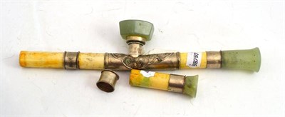 Lot 261 - A Chinese bone and green stone opium pipe