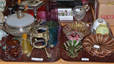 Lot 276 - Two trays of decorative coloured glass, including aventurine and latticino dishes and plates, a...