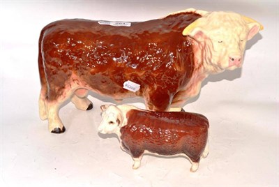 Lot 284 - Two cattle; large unmarked Hereford Bull and Beswick Hereford Bull, model No. 1363A, brown and...