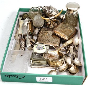 Lot 321 - A quantity of silver including teaspoons, cigarette cases, pepperettes etc