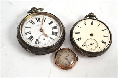 Lot 322 - Two silver pocket watches and a lady's wristwatch stamped '375' (lacks bracelet)