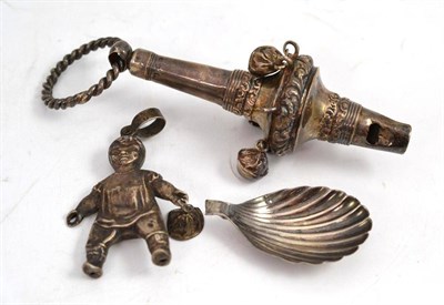 Lot 333 - Two silver rattles and a broken caddy spoon