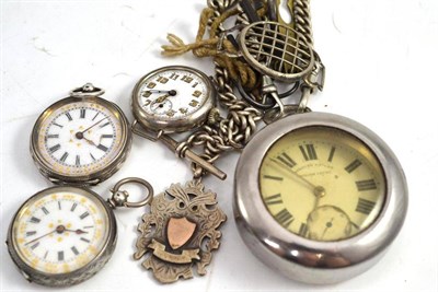 Lot 335 - A silver cased key wound pocket watch and a Albert, two silver fob watches and a wristwatch...