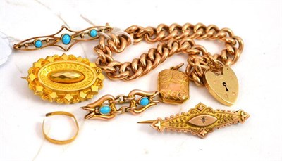 Lot 337 - A 9ct gold curb link bracelet with a padlock fastener, four bar brooches, a locket and a ring