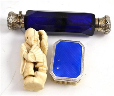 Lot 342 - Silver and enamel brush, glass double scent bottle and an ivory okimono