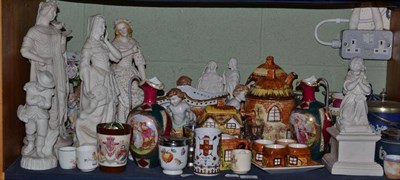 Lot 356 - A shelf of decorative ceramics including Wedgwood blue jasper ware, Dresden ewers and vases, Parian