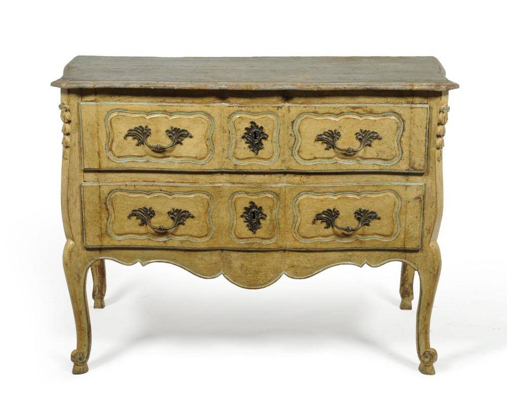 Lot 1196 - An Italian Painted Two Drawer Commode, probably Venice, the moulded top above two deep drawers with