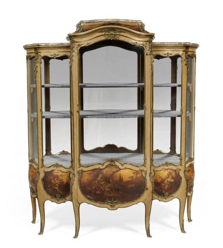 Lot 1197 - An Impressive Louis XV Vernis Martin Style Rosewood Breakfront Vitrine, late 19th century, the...