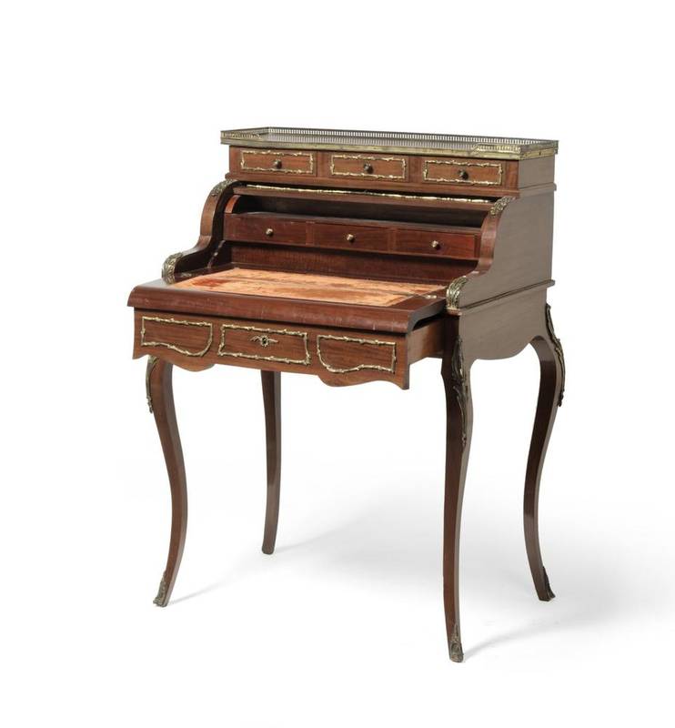 Lot 1198 - A Louis XV Vernis Martin Style Mahogany and Brass Mounted Bonheur de Jour, early 20th century,...