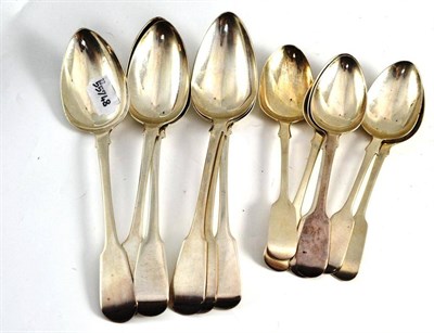 Lot 411 - Six Georgian silver serving spoons and six Victorian silver dessert spoons