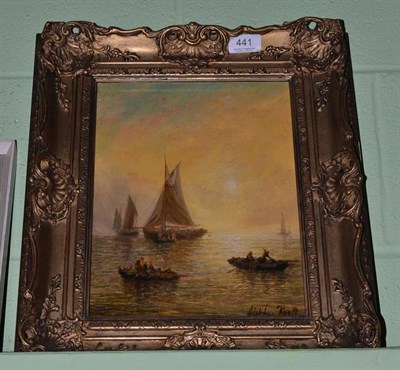 Lot 441 - Circle of Adolphus Knell rowing boats and other vessels in a calm at dusk, bears a signature,...