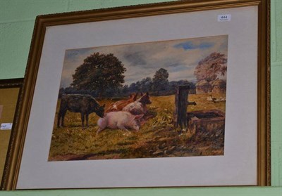 Lot 444 - English School (late 19th century), cows and pigs beside a water trough, watercolour, 37cm by 50cm