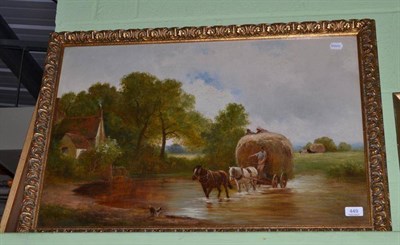 Lot 449 - B Davies oil on canvas, horses and a hay cart