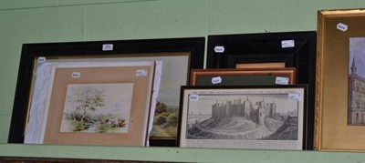 Lot 456 - Watercolour landscape, collection of prints and a composition plaque