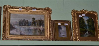 Lot 459 - A pair of late 19th/early 20th century oil on board paintings of waterfall scenes, a pair of...