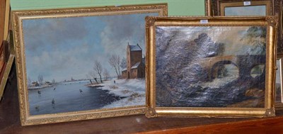 Lot 463 - J Schuermann, Dutch landscape with figures shooting on a frozen river, oil on canvas, together with