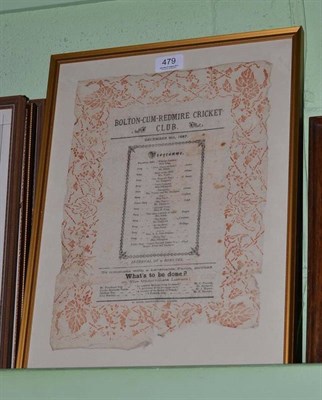 Lot 479 - Bolton-cum-Redmire Cricket Club, December 9th 1887, Programme of Musical Performance framed and...