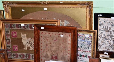 Lot 484 - A 19th century needlework sampler by Hannah Simpson, 1838, in a rosewood frame; a Victorian...