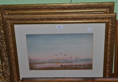 Lot 485 - Francis F Partridge, Ducks and Geese in flight over marshland, signed, two watercolours