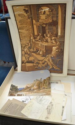 Lot 492 - Various unframed drawings and prints including a map and a watercolour all in a large solander...