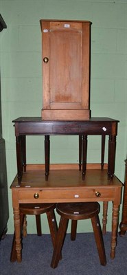 Lot 521 - A pine bedside cabinet, pine washstand, reproduction nest of tables and two stools