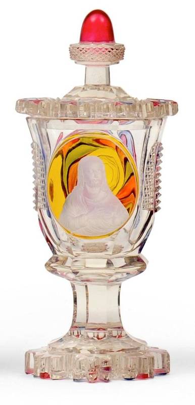 Lot 13 - A Bohemian Yellow, Cranberry and Blue Flashed Goblet and Cover, mid 19th century, the foliate...