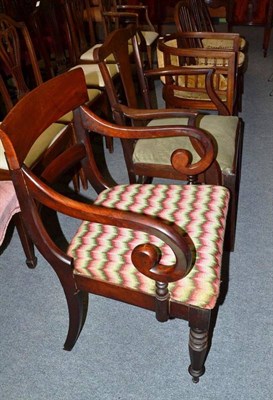 Lot 563 - Three 19th century stick back kitchen chairs, a William IV mahogany elbow chair, Georgian fruitwood