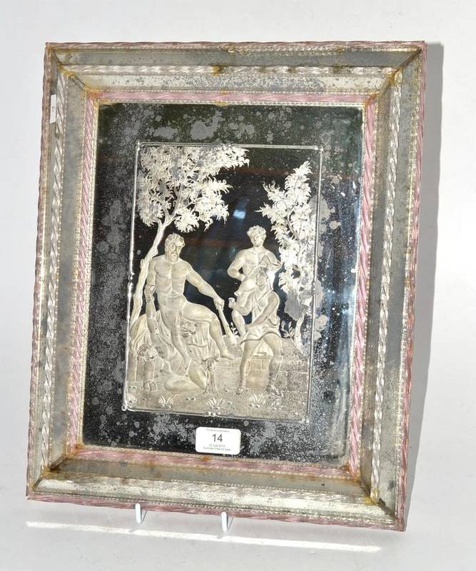 Lot 14 - A Venetian Glass Wall Mirror, 18th century, of rectangular form, reverse engraved with...