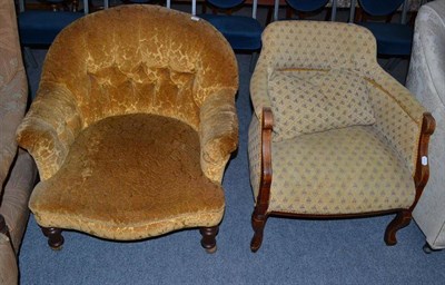 Lot 567 - An Edwardian tub shaped armchair and a Victorian gold velour upholstered armchair (2)