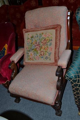 Lot 573 - Victorian mahogany open armchair upholstered in pink floral weave