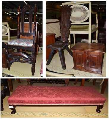 Lot 607 - A 17th century oak side chair, an oak spinning chair, a long footstool and a cabinet