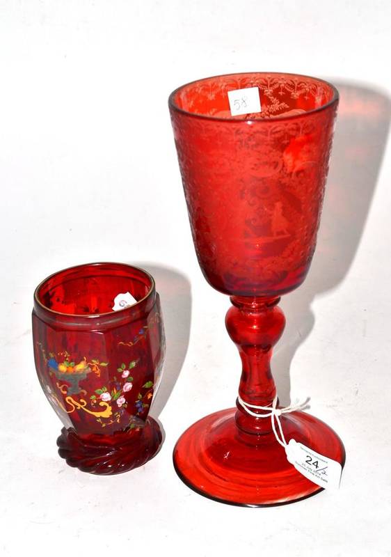Lot 24 - A Bohemian Ruby Flashed Beaker, mid 19th century, of panelled barrel shape, engraved, silvered...