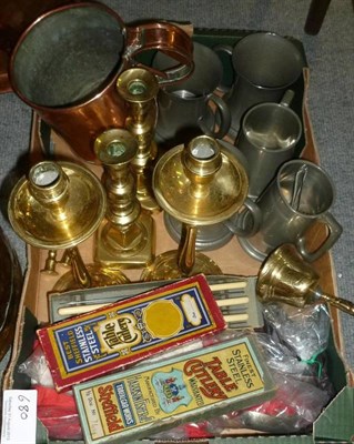 Lot 680 - A copper and brass log bin and coal scuttle, Islamic tray, brass candlesticks, pewter tankards,...