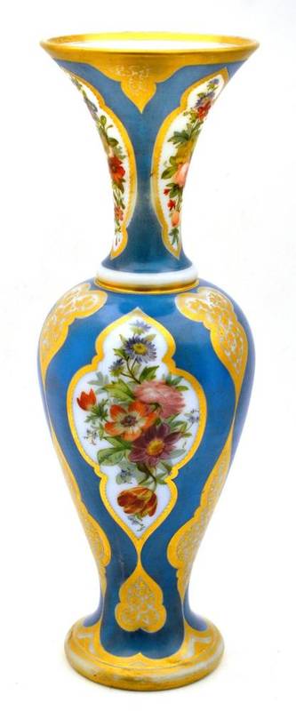 Lot 26 - A Baccarat Opaline Glass Vase, circa 1860, of baluster form with trumpet neck, painted with...