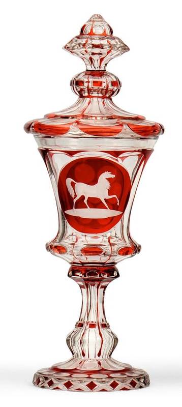 Lot 30 - A Bohemian Ruby Flashed Glass Goblet and Cover, mid 19th century, engraved with a horse in a...