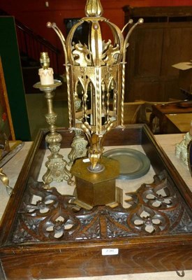 Lot 736 - A gilt metal Gothic style lamp base, pair of Renaissance style lamp bases, another lamp base,...