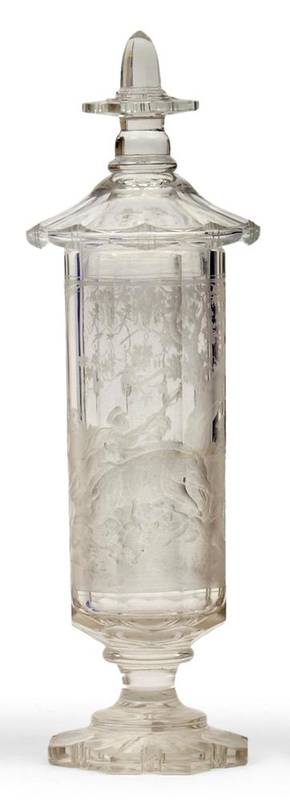Lot 32 - A Bohemian Glass Vase and Cover, mid 19th century, of octagonal cylindrical form, engraved with...