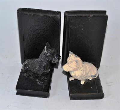 Lot 4 - A pair of spelter bookends mounted with the Highland terriers from Buchanan's black and white...