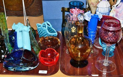 Lot 25 - A collection of Victorian and later coloured glassware (on two trays)