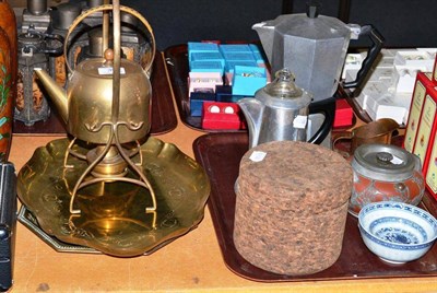 Lot 39 - Brass kettle on stand, brass trays etc