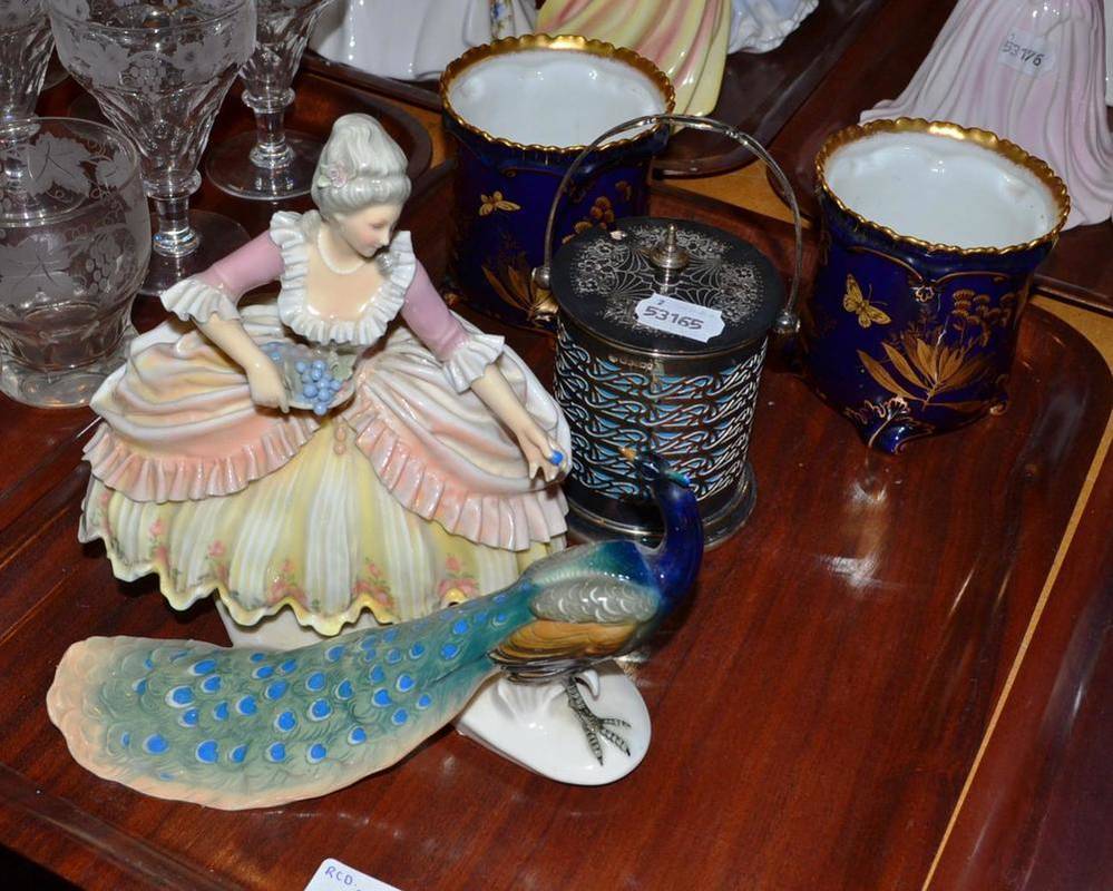 Lot 56 - A pair of Royal Crown Derby vases, a porcelain figure group and a Spode and EPNS conserve pot