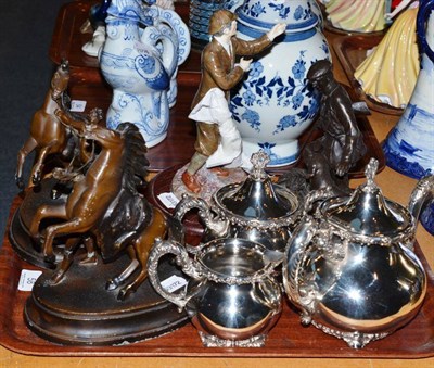 Lot 58 - Three piece EPBM tea set, pair of spelter Marley groups etc