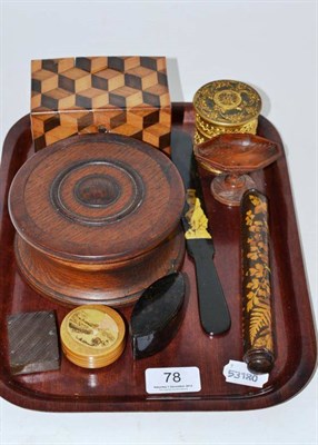 Lot 78 - Parquetry hinged box, fernware, treen, gilt metal mounted box and cover etc