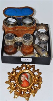 Lot 83 - A Florentine frame with porcelain miniature, two pairs of opera glasses, two salts and two...