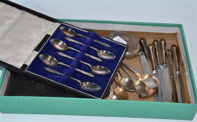 Lot 84 - A quantity of silver teaspoons, a snuff box, six plated teaspoons (cased) and a set of silver...